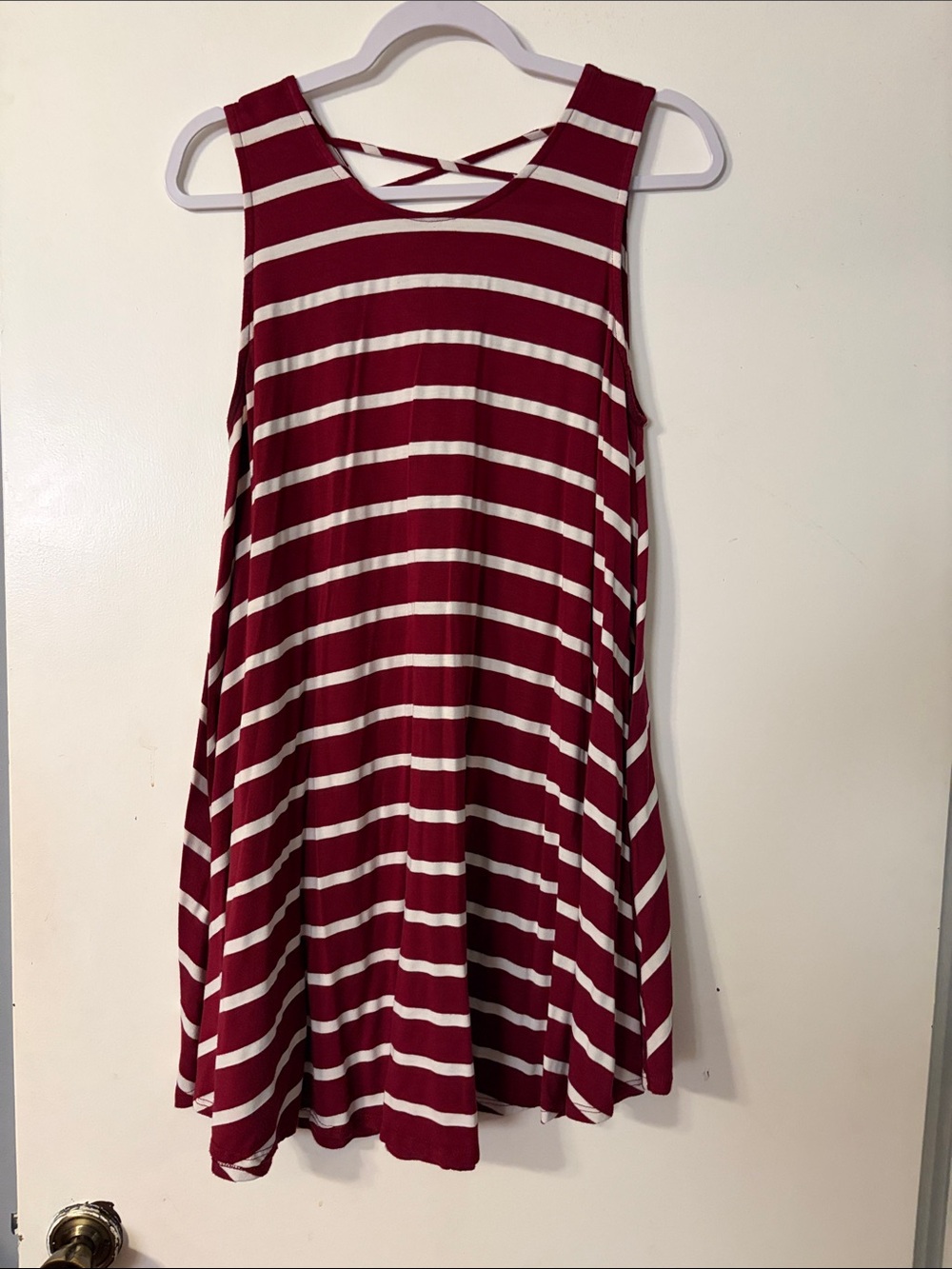 Striped Burgundy and White Mini Swing Dress with Cross Back